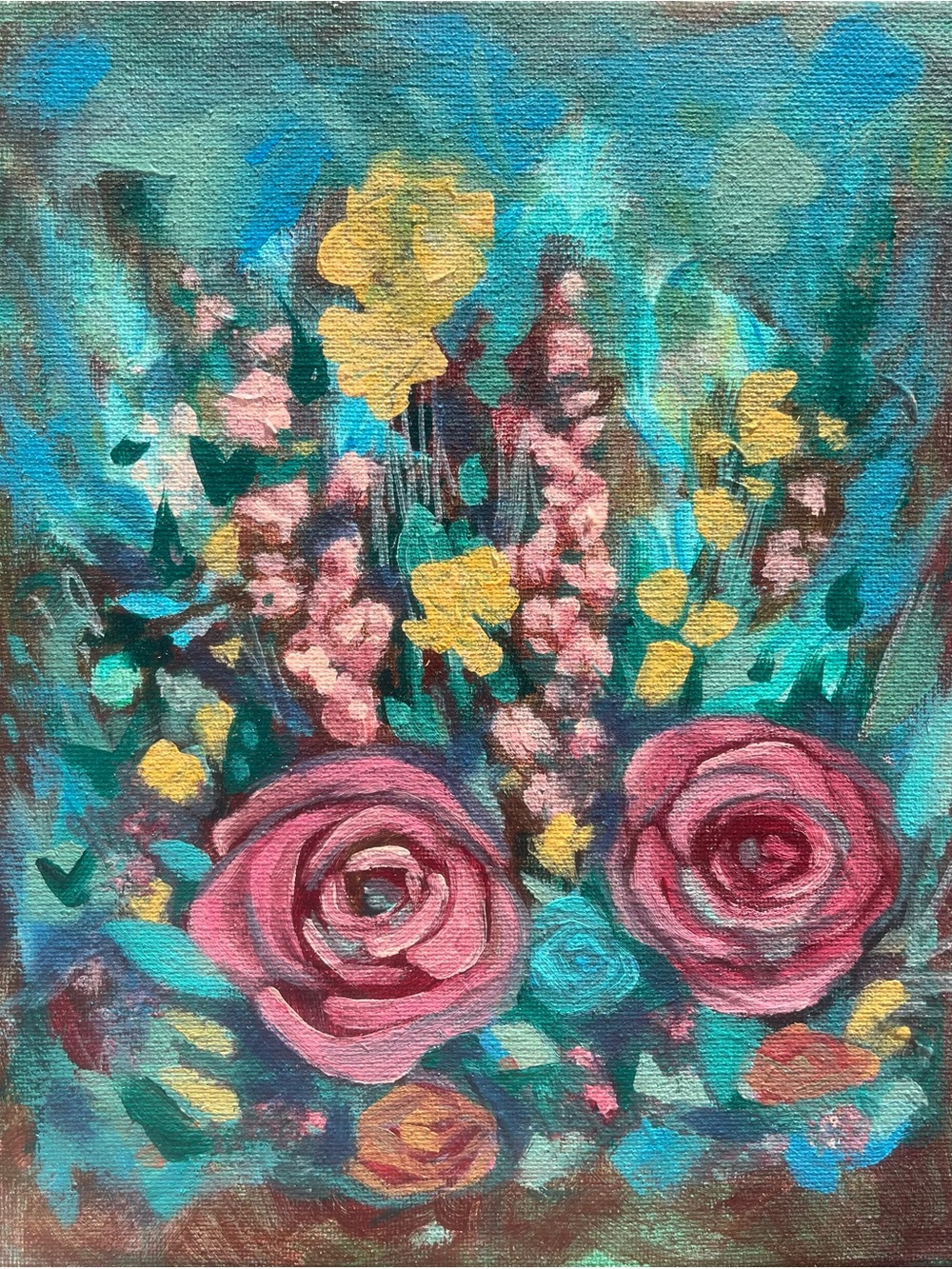 Floral Bouquet Canvas Art Original - Pink Roses on Teal Background by Jahde Art